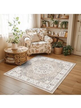 4x4 Washable Square Area Rug Neutral Floral Medallion Area Rug - Beige and Gray